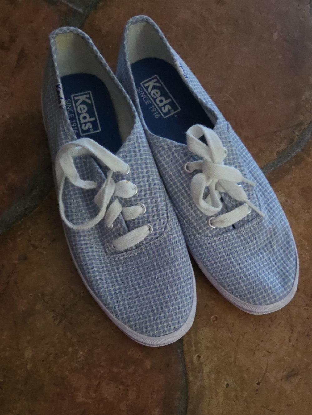 Keds Light Blue Gingham Canvas Sneakers with White Laces